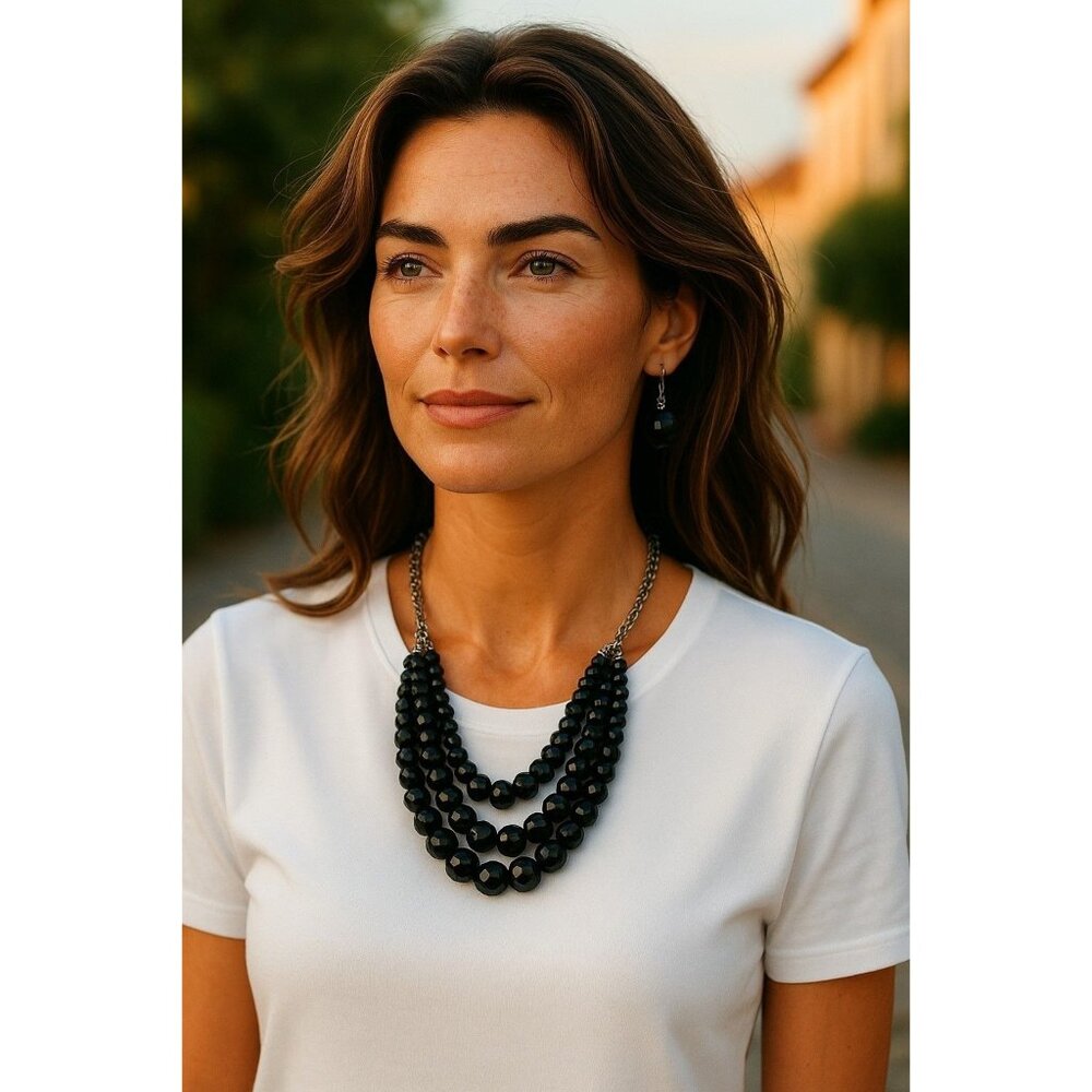 Sopfia & Kate Jewelry Set with Black Faceted Beads and Silver-Tone Metal Chain